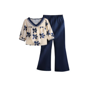 Girls 8-12 Beige & Navy Daily Casual Set Front V-Neck Floral Print Puff Sleeve Top & Matching Flared Pants Daily Kids Outfit