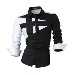 Personalized Spliced Long Sleeve Mens Shirt Individual Personality Clothing Polyester Fabric Slim Fit Youth Fashion