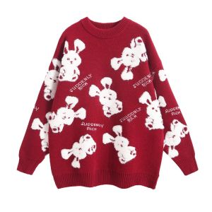 เสื้อสเวตเตอร์คอกลมแขนยาวผู้ชาย NY ปีงู พิมพ์ลายดอกไม้สีแดง เสื้อชั้นในหนาสำหรับคู่รัก เสื้อสเวตเตอร์ผู้ชายฤดูใบไม้ร่วง/ฤดูหนาว