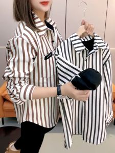 plus Size Loose Fleece Lined Long Sleeve Polo Collar Open Cardigan Shirt Womens Fashion Autumn Winter Striped Casual Top