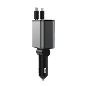 MAX 50W Car Charger with Type-c and Apple Lightning Compatibility and Stretchable Cable