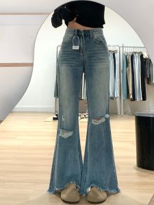 High Waist Slim Fit Bell Bottom Denim Jeans Womens Autumn Winter Washed Ripped Frayed Hem Vintage Large Size Long Trousers
