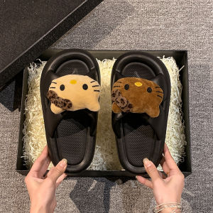 Adorable Plush Kitty Cat Slippers Thick Heel Flat Sandals Womens Spring Summer Outdoor Casual Slip-On Shoes Cartoon Pattern