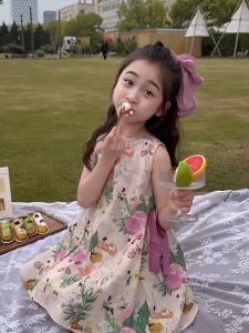 WANDER เสื้อผ้าเด็กผญ ชุดเดรสเด็กหญิง ดีไซน์พิมพ์ลายทั้งตัวอย่างม สไตล์ ชุดเดรสลายดอกไม้ฤดูร้อนอันทันสมัยและลำลองสำหรับเด็กผู้หญิง