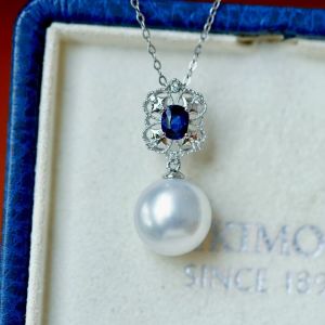Montagne Jewelry (Deposit Link) Total Price 5000SGD 18K Pure White Gold Necklace Diamond Inset Fine Jewellery Natural Gem 0.5 Carat Sapphire 11-12mm Top Grade White Pearl Pendant Neckalce