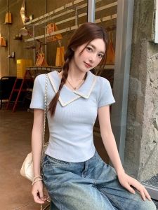 WANGGONGZHU | Slim Fit Short Sleeve T-Shirt Women Summer New Style Waist Cinching Shoulder Design Short Length Turn-down Collar Top Ladies