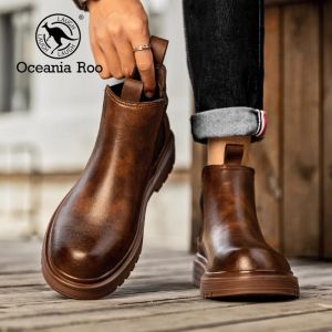 Retro Brown Leather Martin Boots Mens Chelsea Boots Winter Warm Fleece Workwear Style Casual round Toe Low Heel Rubber Sole