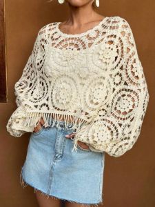 Fashionable round Neck Knitted Hooked Hollow Loose Bat Long Sleeve Air Conditioning Sun Protection Clothes Polyester Fiber Thin Model