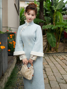 Blue Young Revised Chinese Style Flag Robe Thickened Fleece Beautiful Autumn Winter Long Slant Collar High Split Warm Long Sleeve