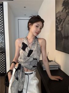 Retro Print Cross V-Neck Halter Top Womens Summer Belted Slimming Outerwear Tank Top Commute Style Short Length Polyester