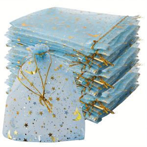 50PCS Light Blue Moon Stars Drawstring Organza Bags Jewelry Gift Bags Pouches Organza Favor Pouches for Christmas Wedding