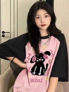 Patchwork American Retro Dog Brand ผู้หญิง เสื้อยืด พลัสไซส์ แขนสั้น ฤดูร้อน 2024 สไตล์ใหม่ ผ้าฝ้าย Crewneck โอเวอร์ไซส์