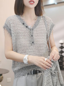 Shalldoer | French Luxurious Style Womens V-neck Knitted Top Breathable Thin Summer Fashion Versatile Short Sleeve Round Neck Shirt