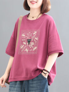 เสื้อยืดคอกลมลายพิมพ์ลายย้อนยุคสไตล์เกาหลีสำหรับผู้หญิงในช่วงฤดูร้อน เสื้อยืดแขนสั้นผ้าคอตตอนผสมโพลีเอสเตอร์แบบหลวมๆ