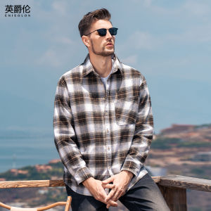 Enjeolon Mens Plaid Shirt Pure Cotton Loose Long Sleeve Vintage American Style Breathable Spring Autumn Fashion Outerwear