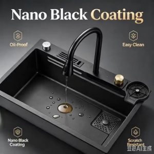B7545 Diamond Black Nano Kitchen Sink Table opening 700 x 350mm. Black rectangular sink with high-arc faucet and gold accents. Includes accessories: strainer soap dish and faucet attachments.