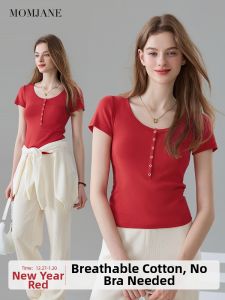 Mom Jane | Nursing Cotton Short Sleeve Top with Built-in Pad in Red