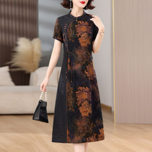 MAIMEI | High-End Xiangyun Silk Midi Dress Floral Print Short Sleeve New Summer Vintage Style A-Line Skirt Comfortable Waist For Ladies