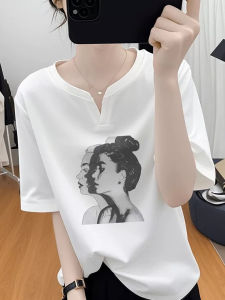 LINGLONGDAI | Pure Cotton V-Neck White Short Sleeve Base Shirt Womens Loose Slimming Summer Top Versatile Daily Wear Comfortable T-Shirt