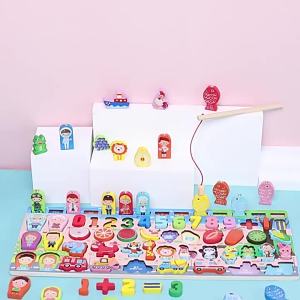poptoys Montessori 7-in-1 ปริศนาไม้สําหรับเด็กวัยหัดเดินเพื่อเรียนรู้การเล่นตัวอักษรสีเรขาคณิตหมายเลขตกปลาล่าสัตว์ซ้อนหอคอย