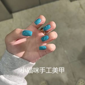 Handmade Short Blue Nail Patches Removable False Nails Ultra Whitening High-End Feeling Autumn Winter New Style Comfortable Glossy