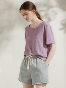 Miccbeirn | Miccbeirn Summer Pure Linen Loose Fit Short Sleeve T-Shirt Knitted Solid Color Womens Top Comfortable Round Neck Basic Style