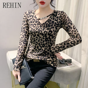 REHIN Spring  new V-neck long-sleeved T-shirt hollow leopard V-neck Slim bottoming shirt trendy women blouse