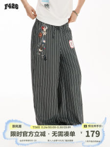 F426 Store Summer New Casual Stripe Long Pants Versatile Sticker Pendant Print Pattern Loose Fit mid Waist Straight Tube Youth Active Wear