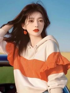 เสื้อสเวตเตอร์มีฮู้ดลายทางสีส้ม ทรงหลวม แขนยาว ผ้าฝ้าย ฤดูใบไม้ร่วง 2024 สำหรับผู้หญิง แฟชั่นสตรี ฤดูใบไม้ร่วง 2024