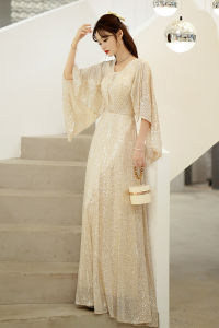 Champagne Long Evening Gown Elegant Glittering Performance Year-End Conference Host Ladylike High-End Ball Gown Floor-Length