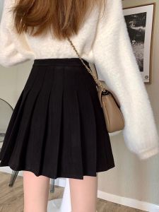 Black Woolen Elastic Waist Pleated Skirt Womens Autumn Winter Large Size Mini Skirt Anti-Light High Waist Ultra-Short Skirt