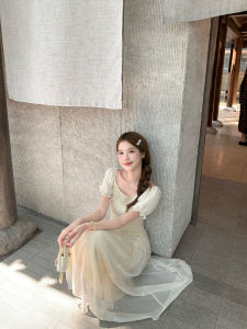 Soft Light French Style Lace Mesh Waist-Cinching Vacation Dress