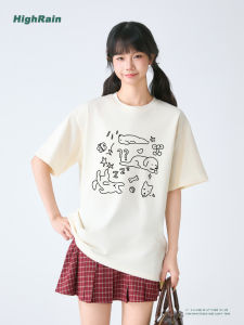 Summer New Hand-Painted Dog Sleeping Cotton T-Shirt Womens Shoulder-Drop Short-Sleeve Casual Sweet Style Pure Cotton Tee