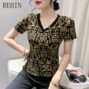 REHIN Summer new fashion mesh elegant V-neck letter print short-sleeved T-shirt with texture slim and versatile top for women