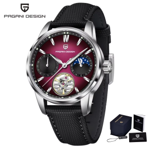 Pagani Design | PAGANI DESIGN PD-YS021 Mens Automatic Mechanical Watch With Hollow+Moon Dial Design Fine Steel Case Woven Leather Strap.