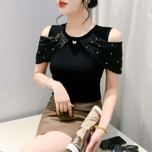 Áo Thun Nữ Hở Vai Tay Ngắn Đính Đá Quấn Eo Mùa Hè 2024 Phong Cách Hàn Quốc Cotton 90% Trang Phục Công Sở Màu Trơn