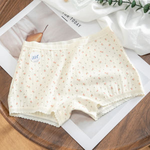 กางเกงบ็อกเซอร์ป้องกันแบคทีเรียลายดอกไม้ผ้าฝ้ายแท้สำหรับผู้หญิง 2-in-1 ทรงเอวกลาง กางเกงชั้นในทรงสี่เหลี่ยมสำหรับผู้หญิง