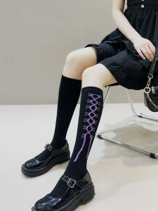 Black JK Knee High Socks Spring Autumn Pure Cotton Mid-Calf Purple Bowknot Lolita Socks Sweet Cool Dark Gothic Leggings