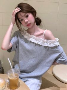 GUZILIAN | Korean Style Loose Casual Splice Lace Short Sleeve T-Shirt Women Summer New Shoulder Bared Top Commute Fashion Polyester Fiber