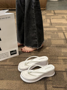 Womens Summer Outdoor Flip Flops High Heel Thick Bottom Heightening Slip-On Shoes Korean Style Pure Color Rubber Outsole