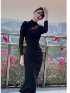 Elegant Slim Fit Little Black Dress Hepburn Style Autumn New Arrival Womens Long Sleeve High Waist A-Line Gown Fairy Skirt