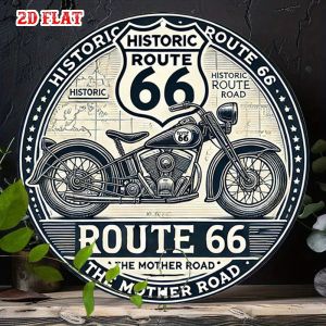 2D Flat 1pc Historic Route 66 Motorcycle Metal Tin Sign -Vintage Rustic Wall ArtRound Aluminum Decor with Stars&Stripes Design
