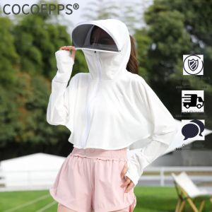 Cocoepps quần áo chống nắng chống UV mát thông thường cộc rộng trùm đầu bóng râm với mũ thoáng khí cơ Ống xoay Dây Kéo Màu trơn