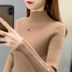 Womens Knitted Thickened Half-High Collar Sweater Base Shirt Autumn Winter New Style Inner Wear Button up Slim Fashionable Neck Pin