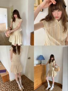 NIHAOKANONG | Áo Blouse Cổ Trung Quốc Mới và Chân Váy Ngắn