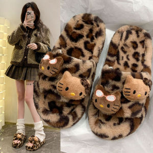 Kitty Kitty Cat Plush Slippers Womens Outdoor Wear 2025 Autumn Winter Thick Bottom Cotton Slippers Leopard Print Sandals