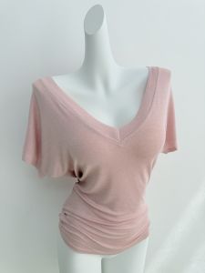 Slimming Short Sleeve T-Shirt Womens Korean Style V-Neck Cotton Silk Batwing Sleeve Waist-Cinched Summer Sweat-Wicking