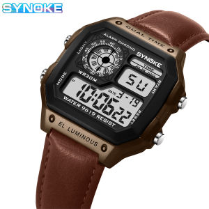 SYNOKE Belt Watch Men Outdoor Sports Multifunctional Waterproof Luminous LED Digital Watch PU Leather For Men Retro Fashion