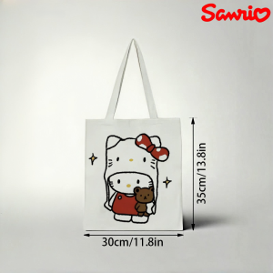 Sanrio | 1pc Kawaii Hello Kitty with Teddy Bear Print Canvas Tote Bag Large Capacity Daily Shopping & School Shoulder Bag