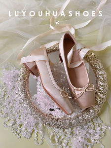 French Style Ballet Flat Shoes Womens Crossed Strap Silk Satin Mary Janes Thick Heel Butterfly Knot Slip-On Fairy Tale Wind
